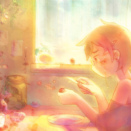 Illustration of girl seated at her desk carving an avocado pit