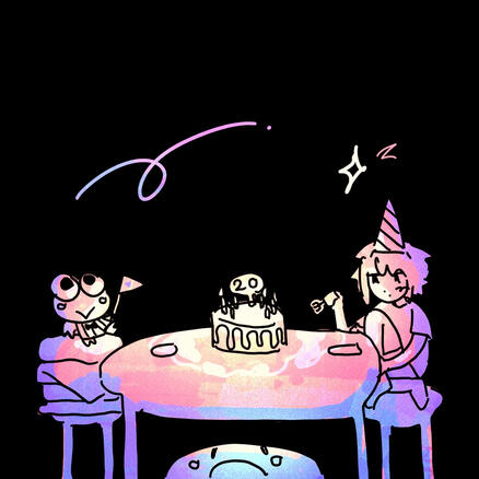 Illustration of girl and keroppi seated at a table with a birthday cake