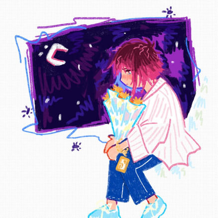 Sketch of girl crying on the bus holding flowers